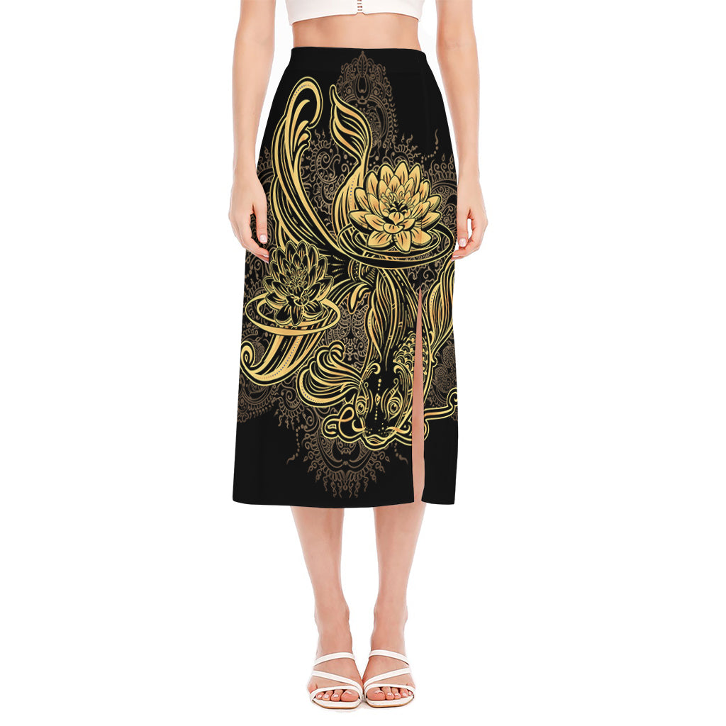 Golden Spiritual Koi Carp Print Side Slit Midi Skirt