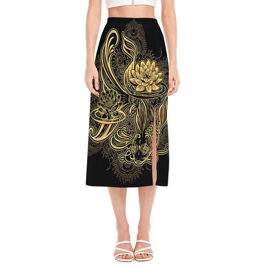 Golden Spiritual Koi Carp Print Side Slit Midi Skirt
