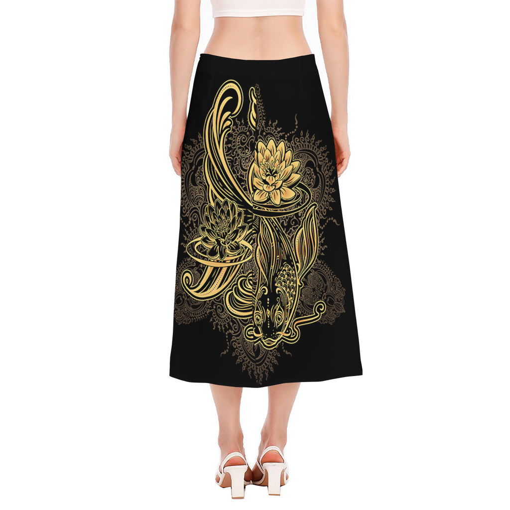 Golden Spiritual Koi Carp Print Side Slit Midi Skirt