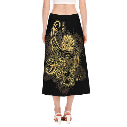 Golden Spiritual Koi Carp Print Side Slit Midi Skirt
