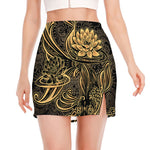 Golden Spiritual Koi Carp Print Side Slit Mini Skirt