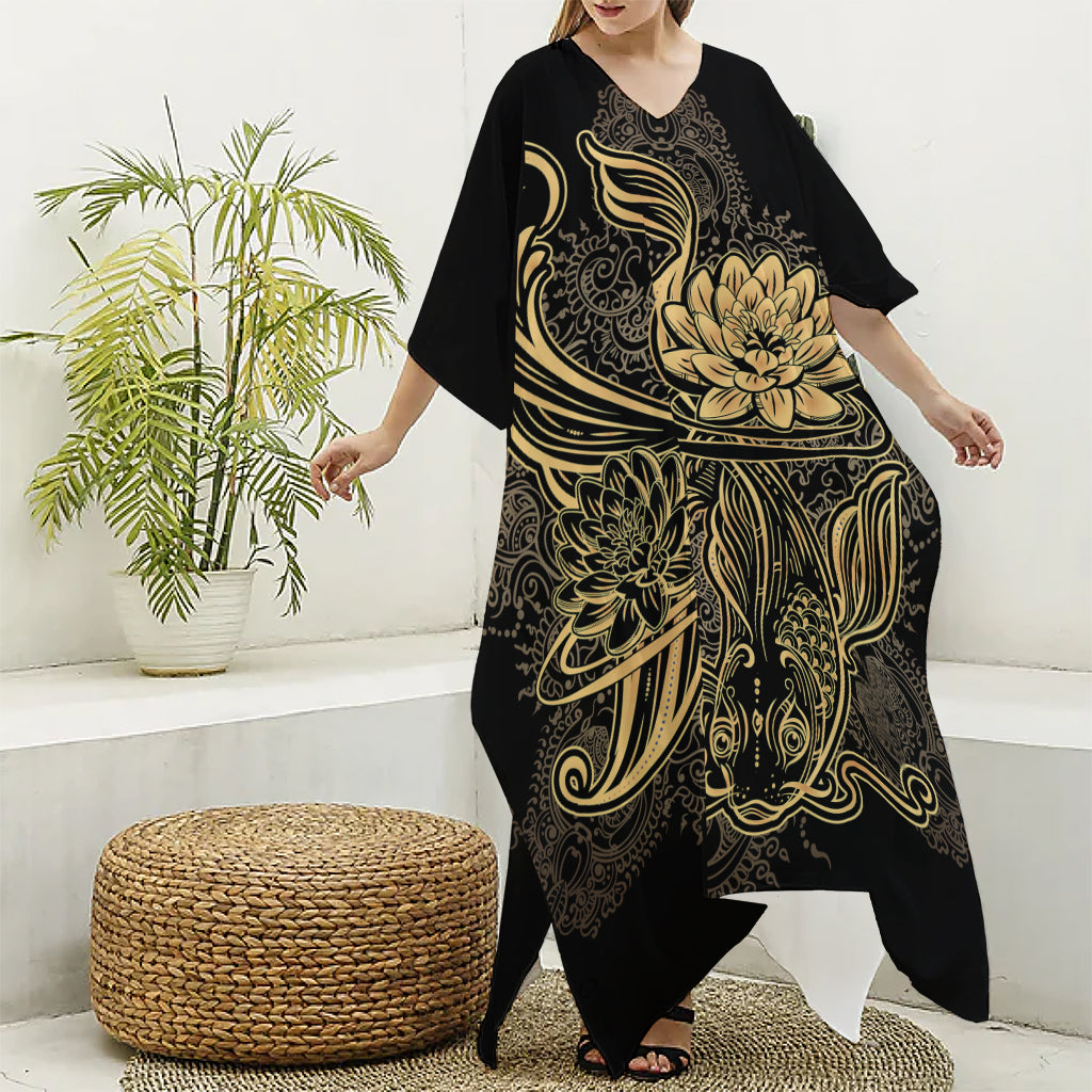 Golden Spiritual Koi Carp Print Silk V-Neck Kaftan Dress