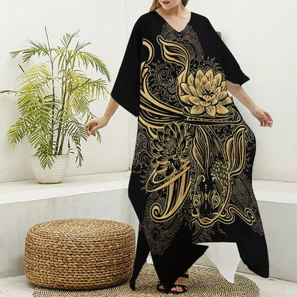Golden Spiritual Koi Carp Print Silk V-Neck Kaftan Dress