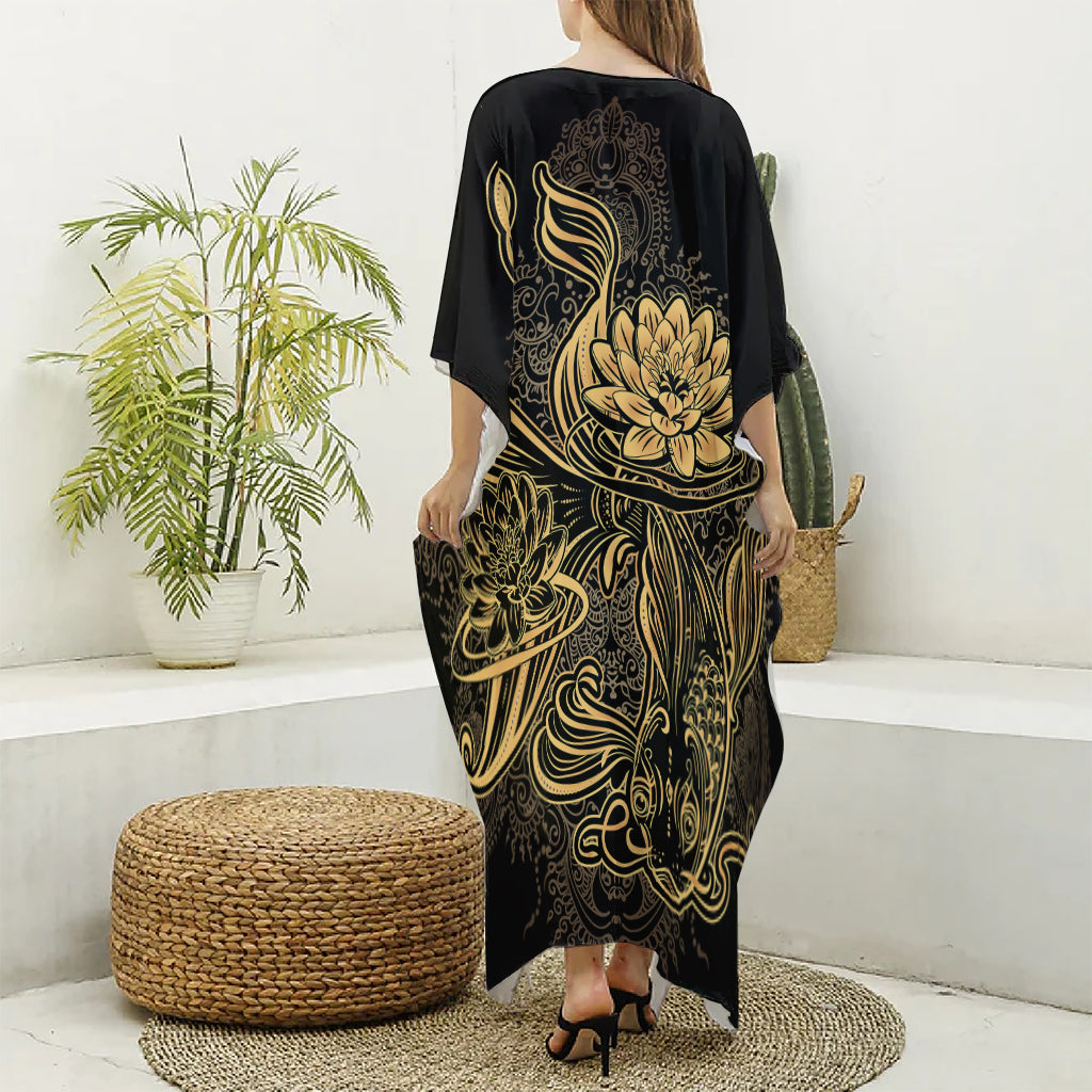 Golden Spiritual Koi Carp Print Silk V-Neck Kaftan Dress