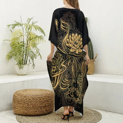 Golden Spiritual Koi Carp Print Silk V-Neck Kaftan Dress