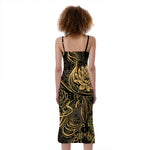 Golden Spiritual Koi Carp Print Slim Fit Midi Cami Dress