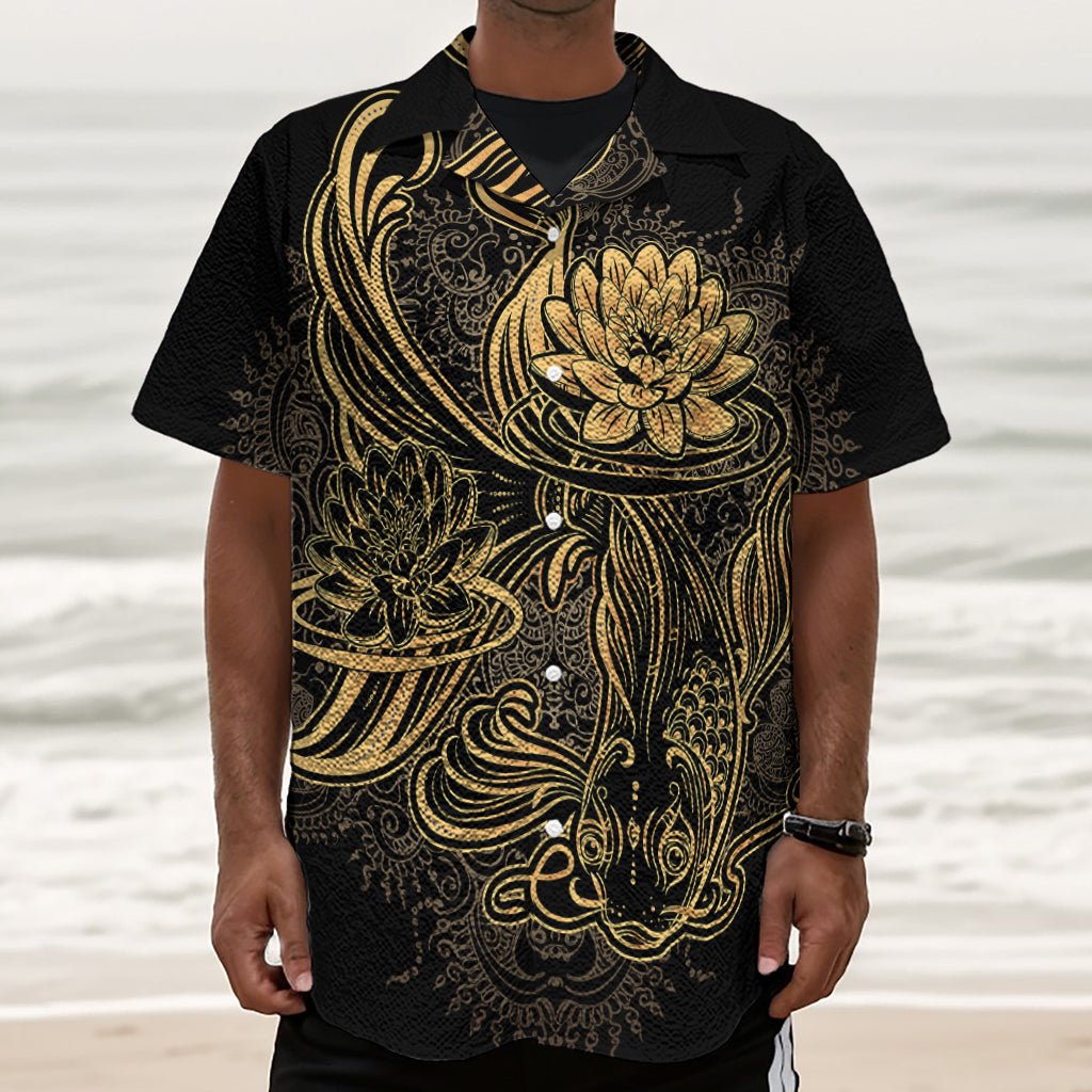 Golden Spiritual Koi Carp Print Textured Short Sleeve Shirt