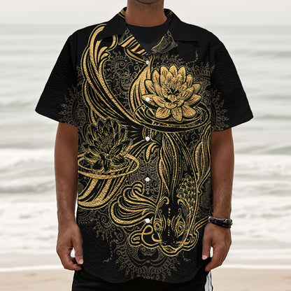 Golden Spiritual Koi Carp Print Textured Short Sleeve Shirt