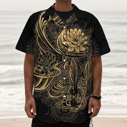 Golden Spiritual Koi Carp Print Textured Short Sleeve Shirt