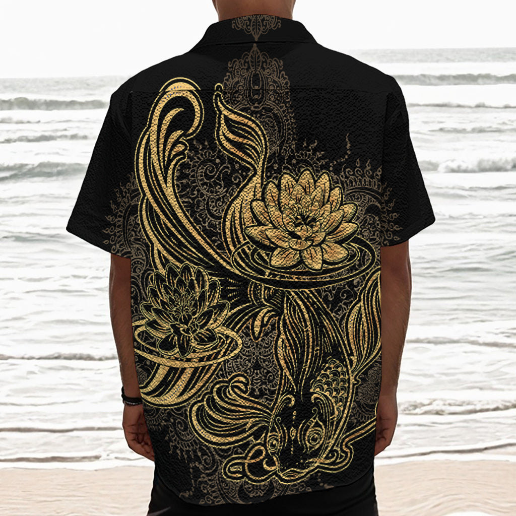 Golden Spiritual Koi Carp Print Textured Short Sleeve Shirt