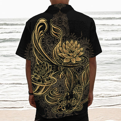 Golden Spiritual Koi Carp Print Textured Short Sleeve Shirt
