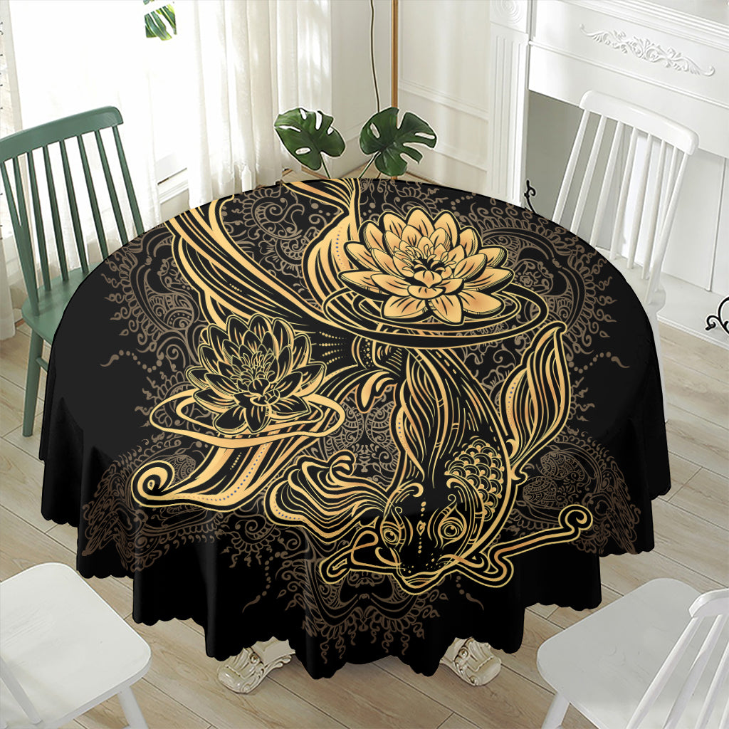 Golden Spiritual Koi Carp Print Waterproof Round Tablecloth