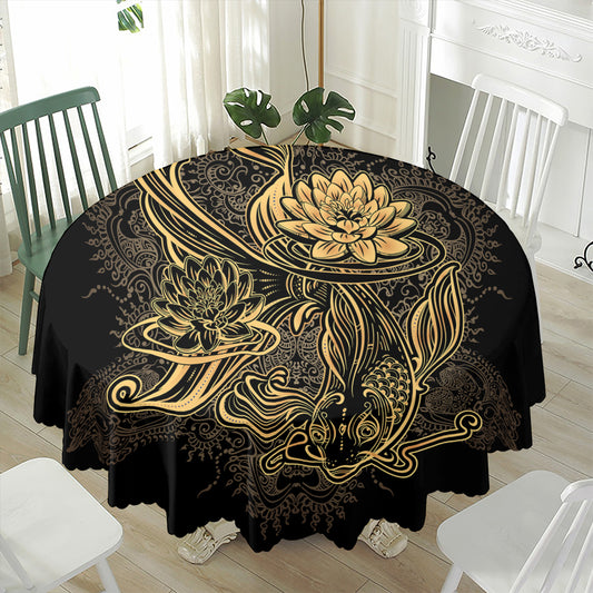 Golden Spiritual Koi Carp Print Waterproof Round Tablecloth