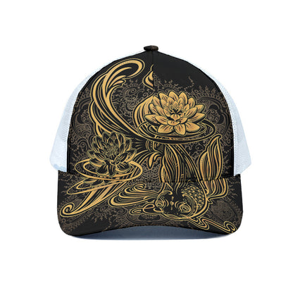 Golden Spiritual Koi Carp Print White Mesh Trucker Cap