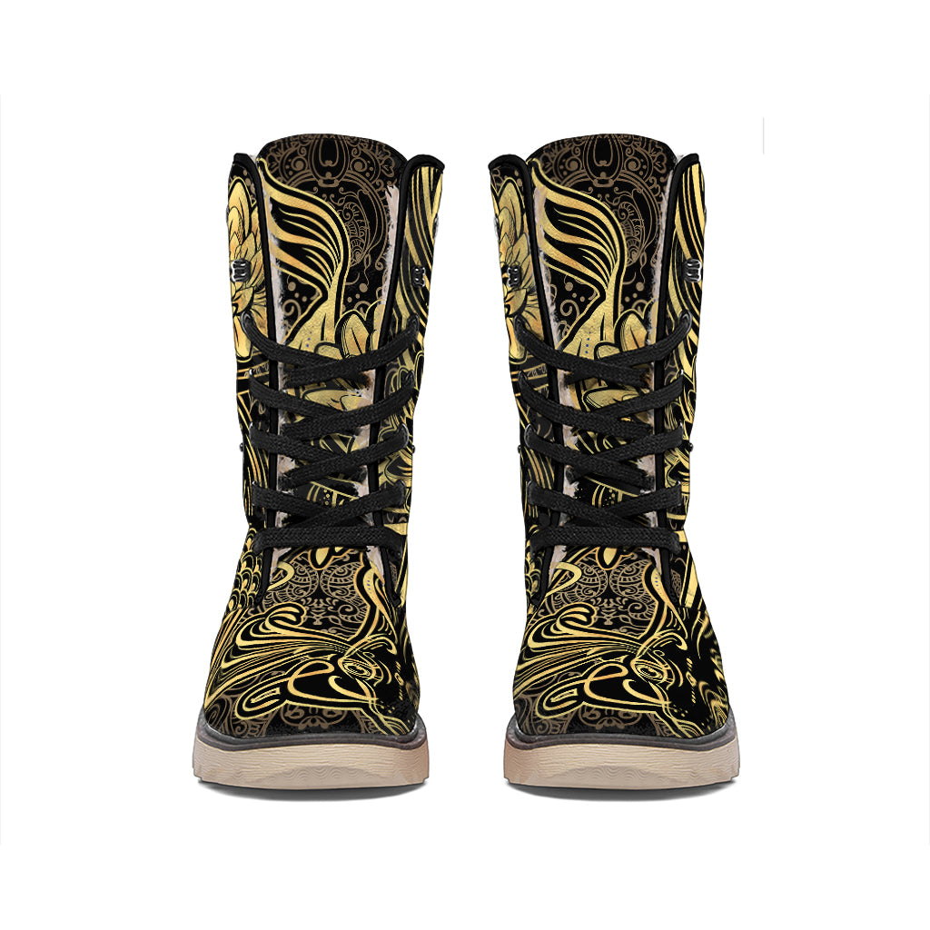 Golden Spiritual Koi Carp Print Winter Boots