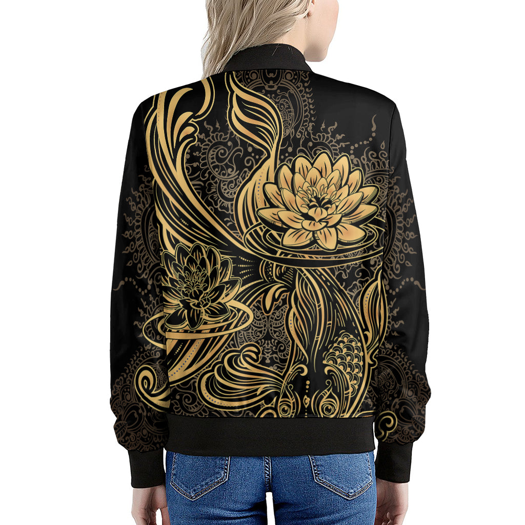 Golden Spiritual Koi Carp Print Women's Bomber Jacket