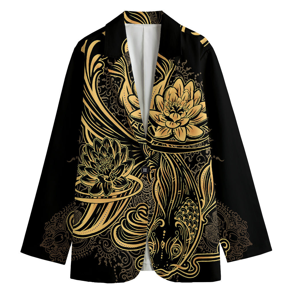 Golden Spiritual Koi Carp Print Women's Cotton Blazer