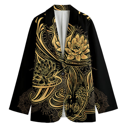 Golden Spiritual Koi Carp Print Women's Cotton Blazer