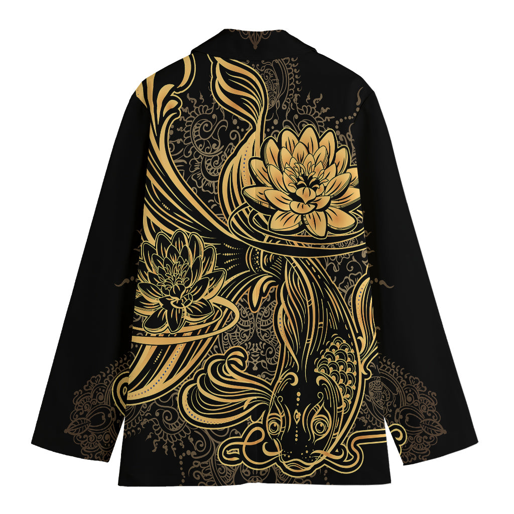 Golden Spiritual Koi Carp Print Women's Cotton Blazer