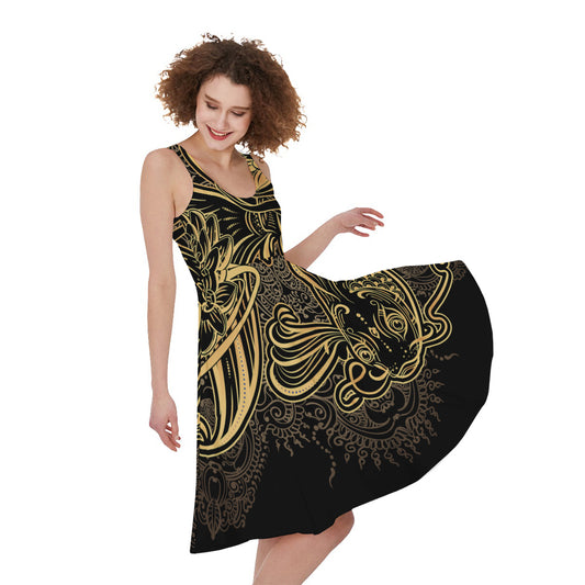 Golden Spiritual Koi Carp Print Women's Sleeveless Dress
