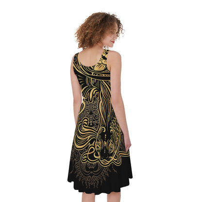 Golden Spiritual Koi Carp Print Women's Sleeveless Dress