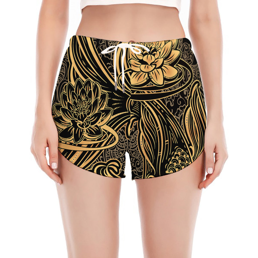 Golden Spiritual Koi Carp Print Women's Split Running Shorts