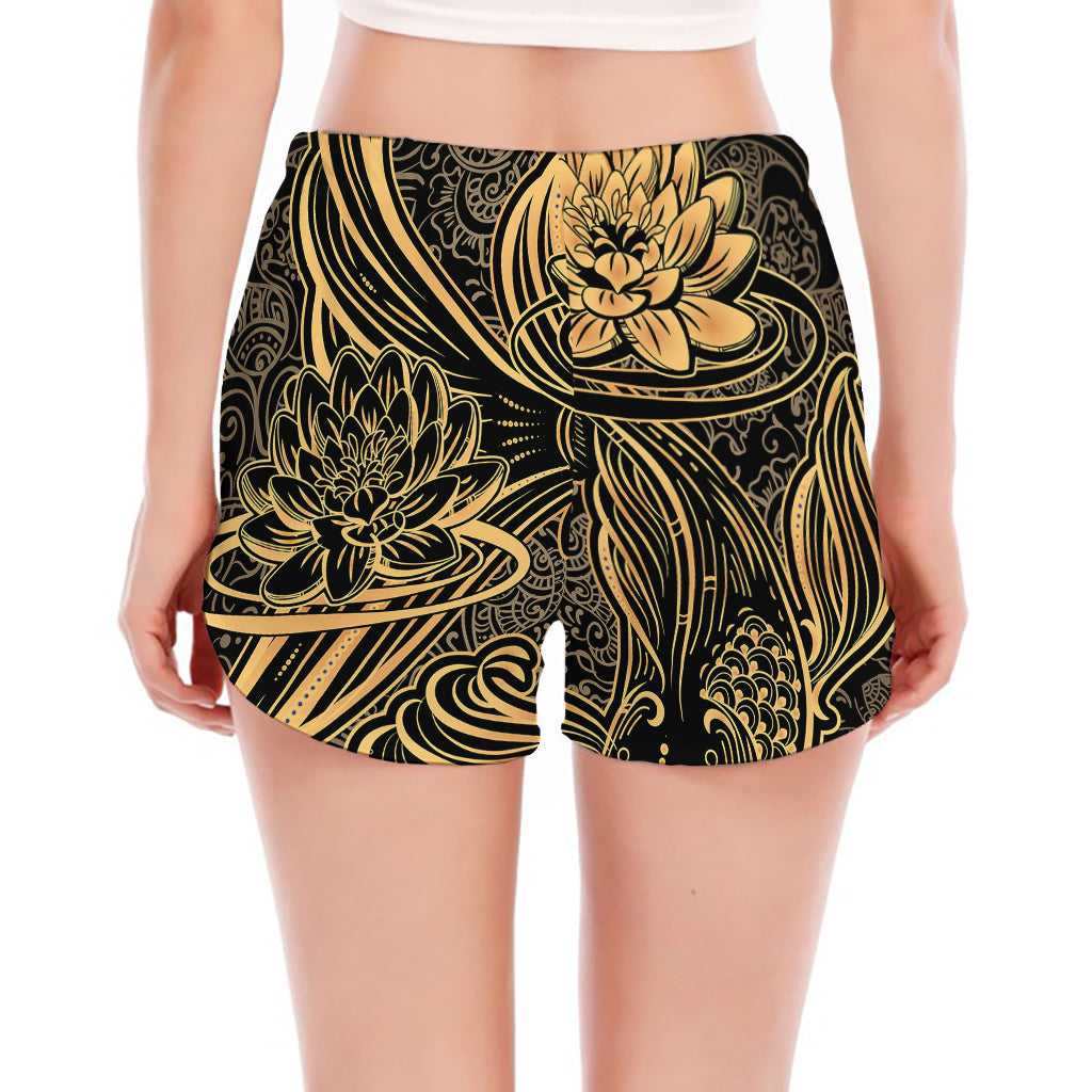 Golden Spiritual Koi Carp Print Women's Split Running Shorts