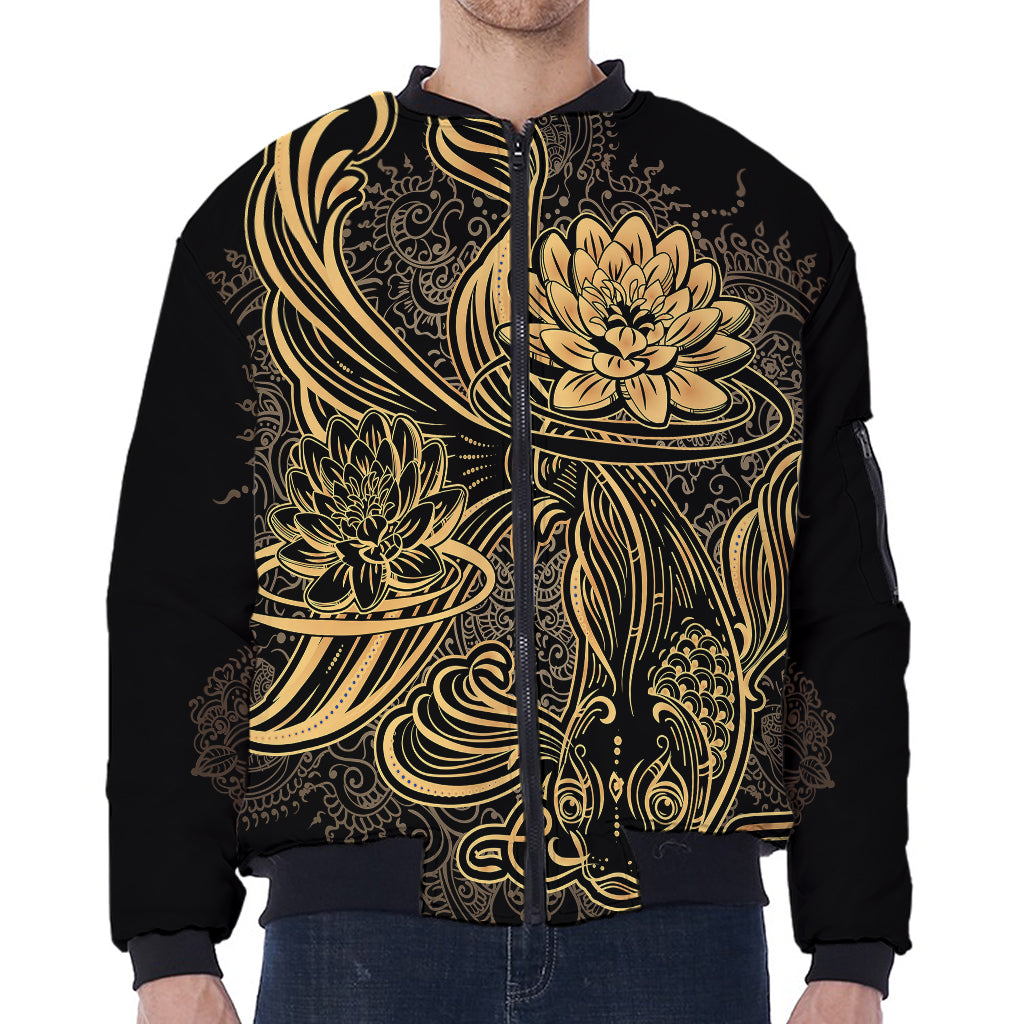 Golden Spiritual Koi Carp Print Zip Sleeve Bomber Jacket