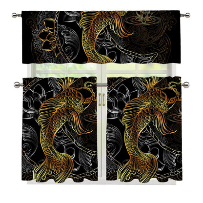Golden Spiritual Koi Fish Print 3 Piece Kitchen Curtains