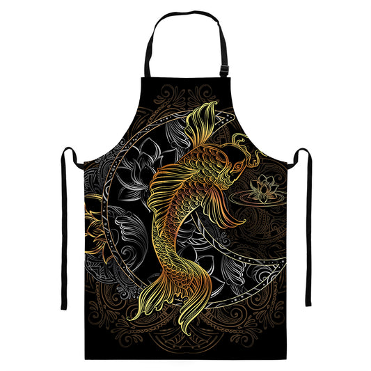 Golden Spiritual Koi Fish Print Bib Apron With Pocket