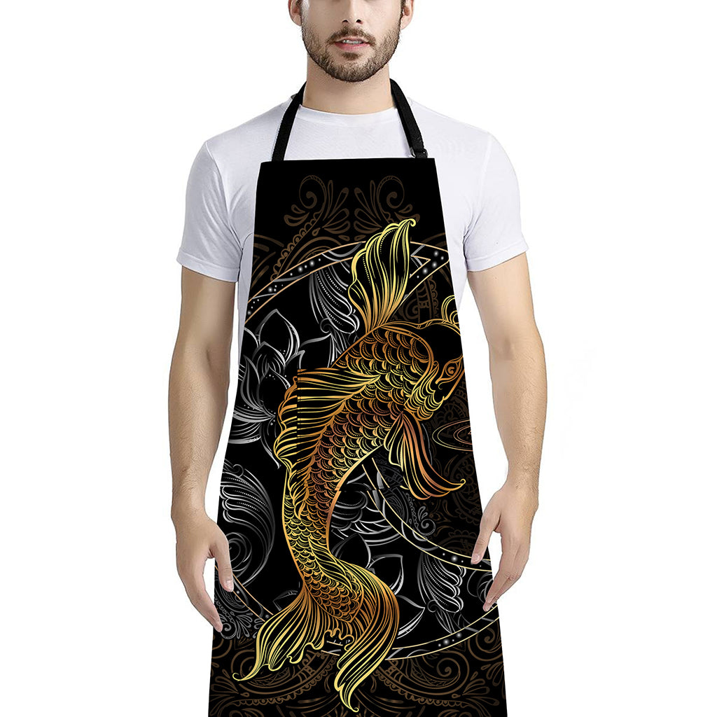 Golden Spiritual Koi Fish Print Bib Apron With Pocket