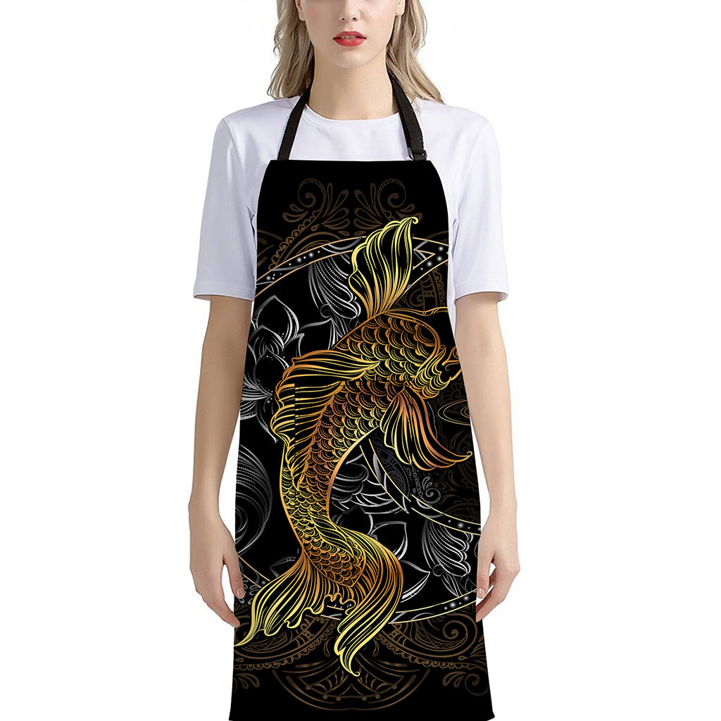 Golden Spiritual Koi Fish Print Bib Apron With Pocket
