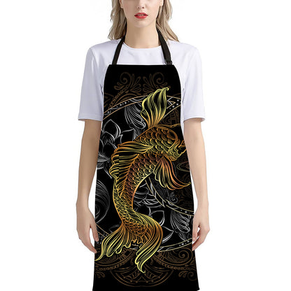 Golden Spiritual Koi Fish Print Bib Apron With Pocket