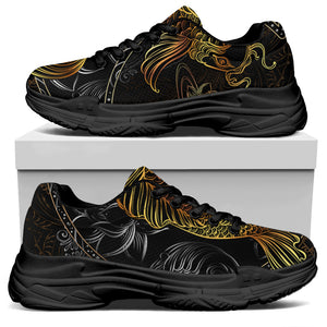 Golden Spiritual Koi Fish Print Black Chunky Shoes