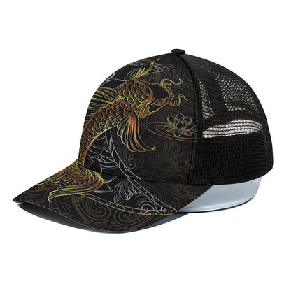 Golden Spiritual Koi Fish Print Black Mesh Trucker Cap