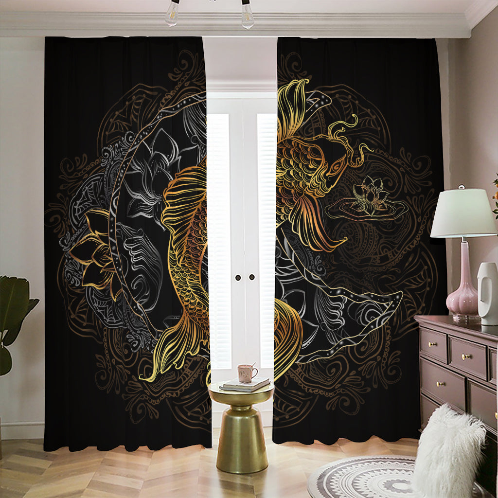 Golden Spiritual Koi Fish Print Blackout Pencil Pleat Curtains