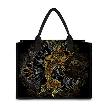 Golden Spiritual Koi Fish Print Canvas Tote Bag
