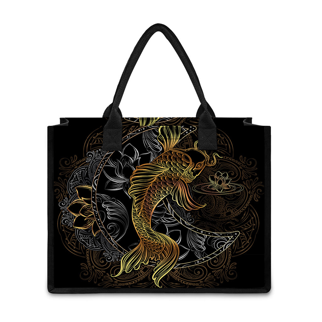 Golden Spiritual Koi Fish Print Canvas Tote Bag