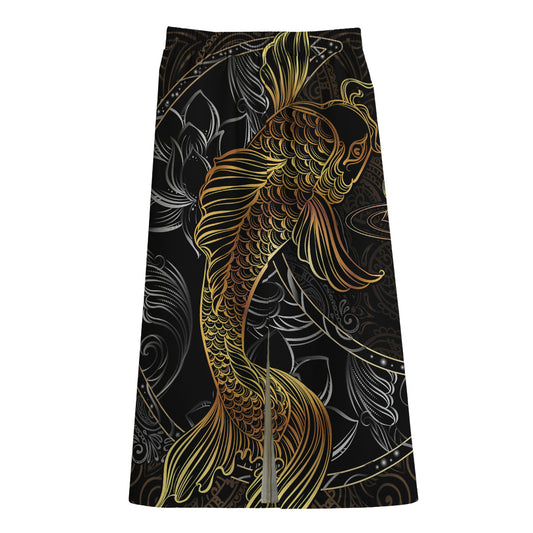 Golden Spiritual Koi Fish Print Cotton Front Slit Maxi Skirt