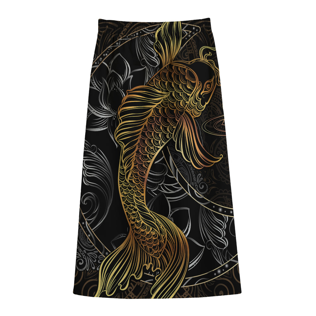 Golden Spiritual Koi Fish Print Cotton Front Slit Maxi Skirt
