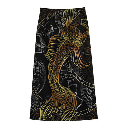 Golden Spiritual Koi Fish Print Cotton Front Slit Maxi Skirt