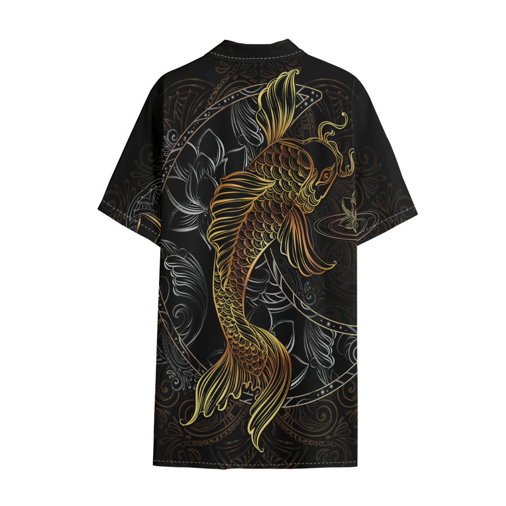 Golden Spiritual Koi Fish Print Cotton Hawaiian Shirt