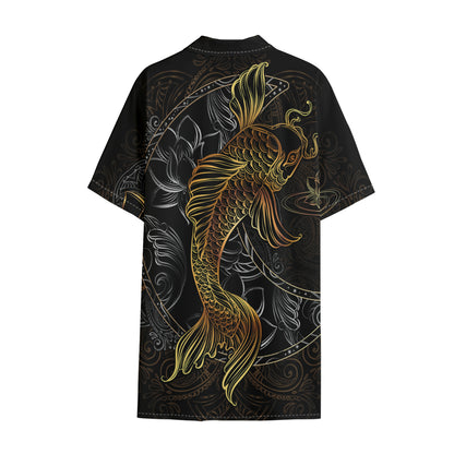 Golden Spiritual Koi Fish Print Cotton Hawaiian Shirt
