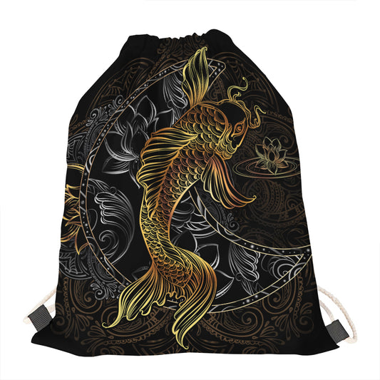 Golden Spiritual Koi Fish Print Drawstring Bag