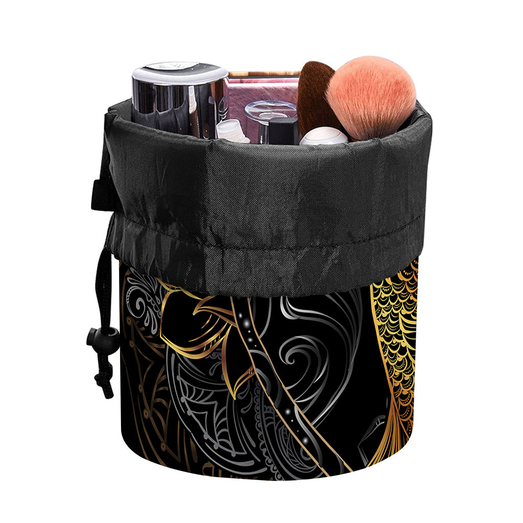 Golden Spiritual Koi Fish Print Drawstring Makeup Bag