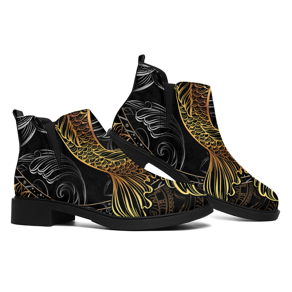 Golden Spiritual Koi Fish Print Flat Ankle Boots