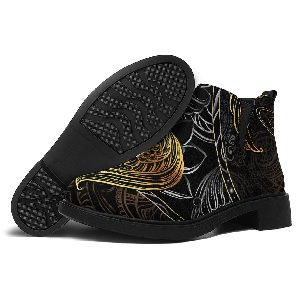 Golden Spiritual Koi Fish Print Flat Ankle Boots