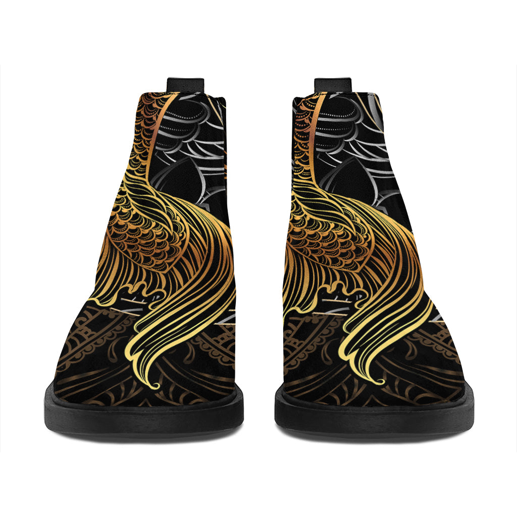 Golden Spiritual Koi Fish Print Flat Ankle Boots