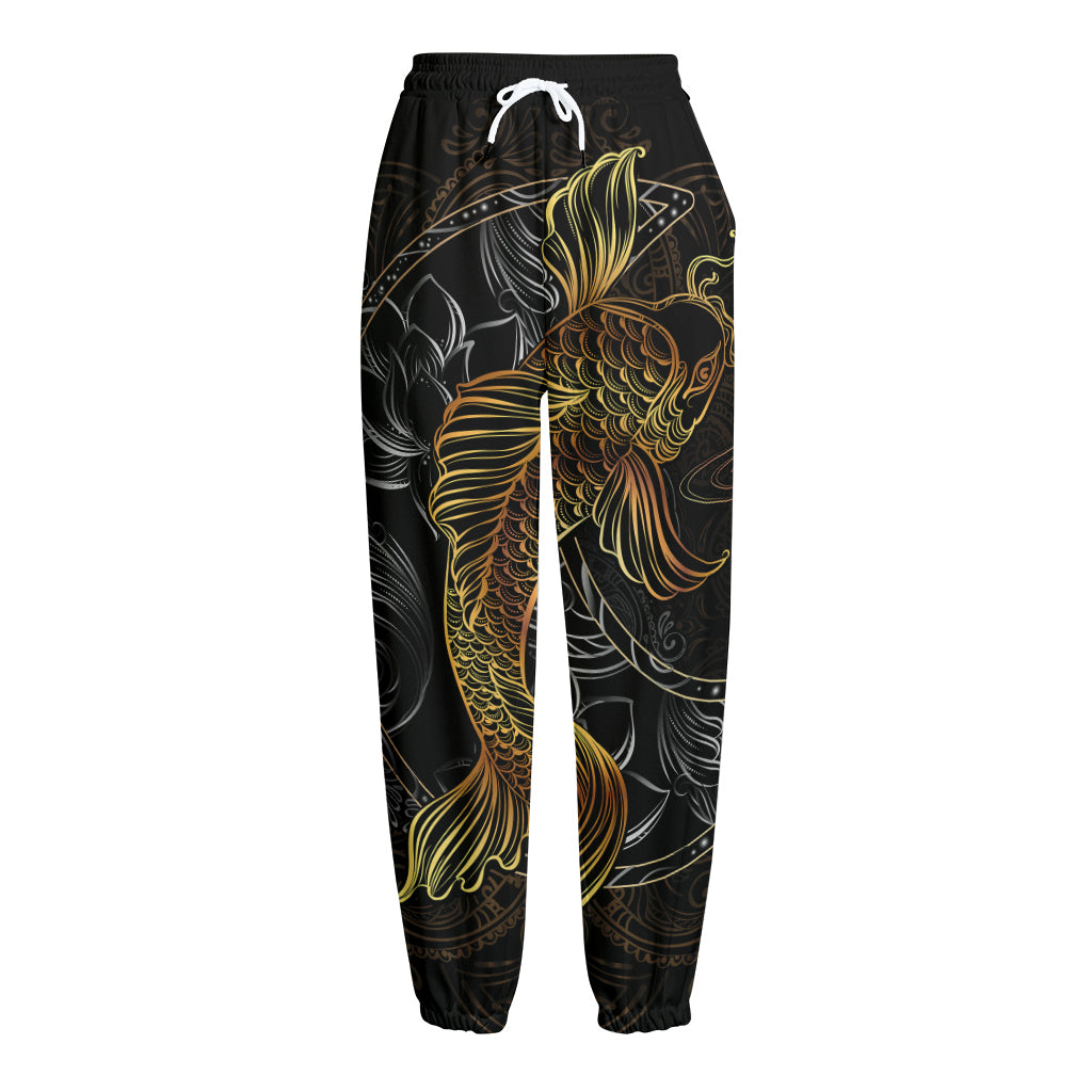 Golden Spiritual Koi Fish Print Fleece Lined Knit Pants