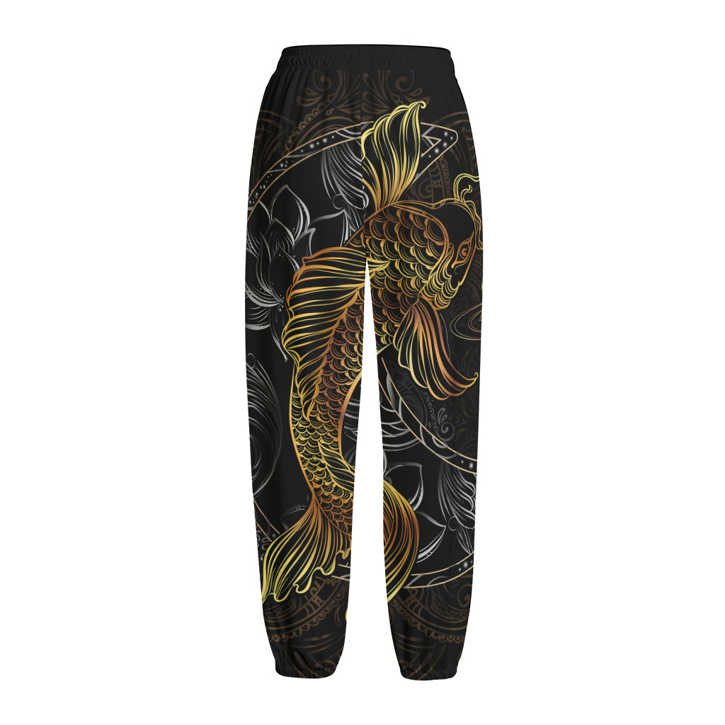 Golden Spiritual Koi Fish Print Fleece Lined Knit Pants